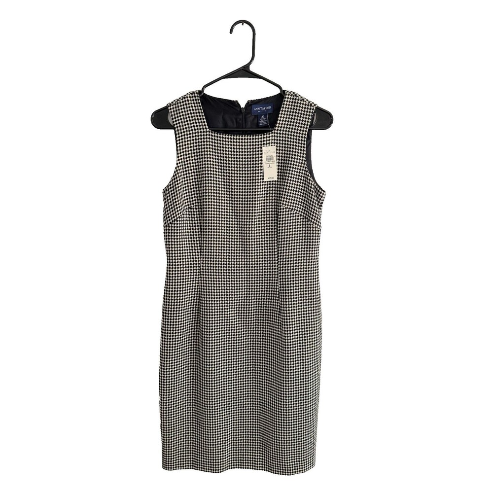 Vintage Ann Taylor 100% Wool Sheath Dress Size 6 P Houndstooth Square Neck New